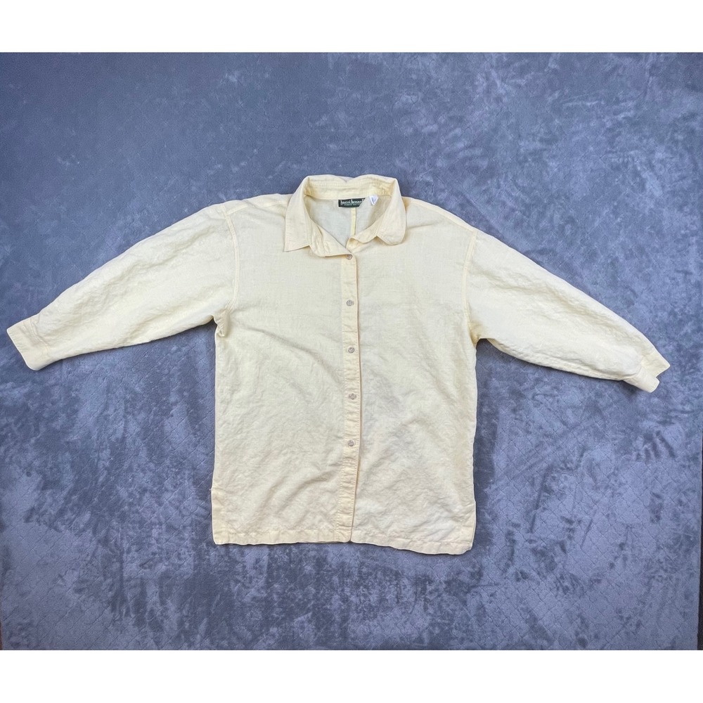 Herve Benard Linen Blend Button Up Shirt Women Light Yellow Long Sleeve Collared
